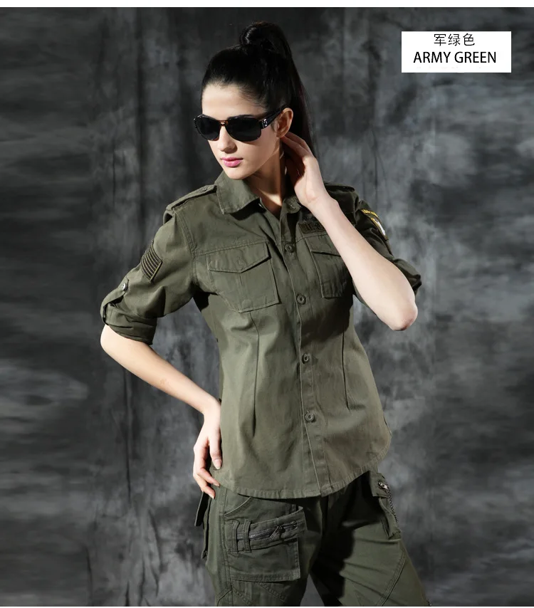 Kangol Militaire Femme Chemise à manches longues Casual Léger Poche Poitrine Bloc